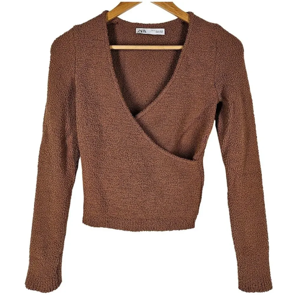 ZARA WOMEN'S BOUCLÉ BROWN WAIST WRAP SWEATER - SIZE MEDIUM - SHERPA FEEL